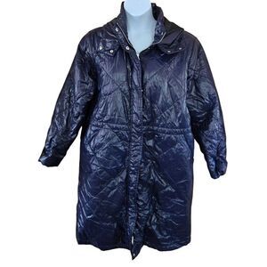 Blue Quilted Puffer Long Coat With Hood